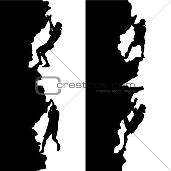 Black set silhouette rock climber on white background