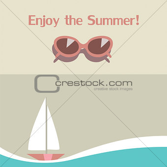 Summer background with sea,sunglasses and yacht. Vector illustration
