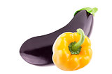 One Fresh eggplant and one sweet peppers bell over white 