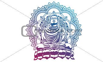 Buddha over ornate mandala round pattern esoteric, shining buddh