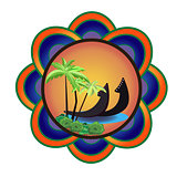 Happy Onam, illustration of a boat on the shore of an oasis
