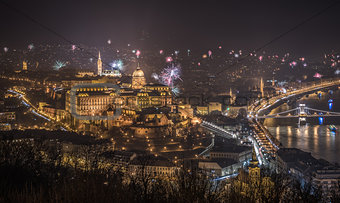 Royal Palace and Fireworks at Night in Budapest, Hungary