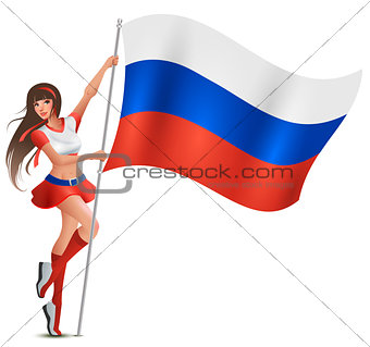 Russian young beautiful woman holding flag. Fan supports soccer team