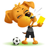 Referee dog shows yellow card. Violation of rules when playing soccer