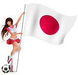 Beautiful young fan girl holding flag of japan. Cheerleader of football team and soccer ball