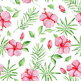 Pattern with red hibiscus flowers 