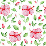 Seamless pattern with red hibiscus flowers 