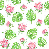 Watercolor seamless pattern with red tropical flowers