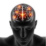 3D medical figure with brain highlighted on white background
