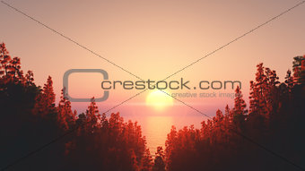 3D pine tree landsape against a sunset sky