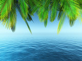 3D palm tree leaves over a blue ocean