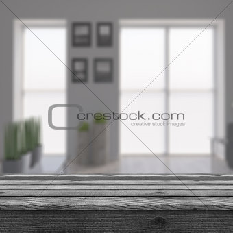 3D rustic table looking out to a defocussed modern room