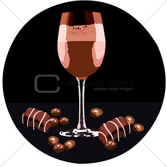 Glass with coffee cocktail and chocolate sweets