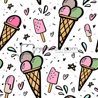 Background with hand drawn illustrations of ice cream.