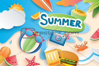 Hello summer with paper cut symbol icon for vacation beach backg