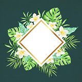 Flowers and palm leaves on a green background