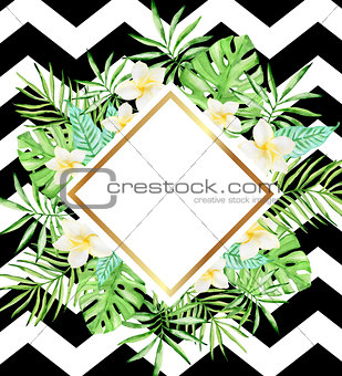 Watercolor tropical floral background with flowers and leaves