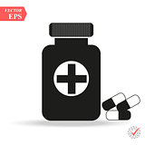 Medicine bottle and pills. Black and white icon. Vector illustration
