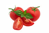 Sliced tomato with basil leaves on white