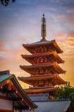 Pagoda at sunset in Senso-ji temple, Tokyo, Japan