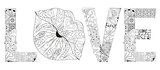 Word LOVE with lips silhouette. Vector decorative zentangle object for coloring