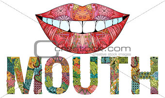Word MOUTH with silhouette of lips. Vector decorative zentangle object.