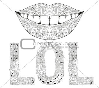 Word LOL with silhouette of lips. Vector decorative zentangle object.