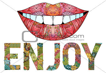 Word ENJOY with silhouette of lips. Vector decorative zentangle object.