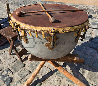 Old Ukrainian ethnic Cossack drum close-up