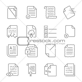 Simple set of vector icons for flow control of documents. Contains icons such as a manuscript, a corrupted file, a scroll, a crumpled document, cloud storage and more.