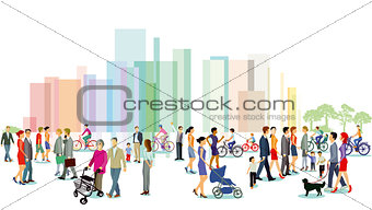 City with groups of people, illustration