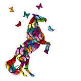 Colorful illustration with patterned horse and butterflies