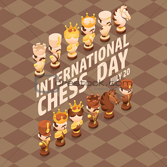 International Chess Day card. Isometric cartoon chess pieces.