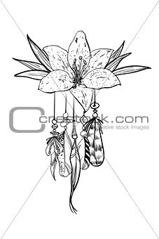 Monochrome vector illustration with hand drawn flower and bird feathers. Ornate ethnic items, feathers, beads and flower.
