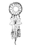 Monochrome vector illustration with hand drawn dream catcher. Ornate ethnic items, feathers, beads and flower.