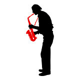 Silhouette of musician playing the saxophone on a white background