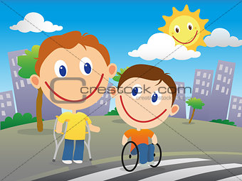 Disabled children crossing the road