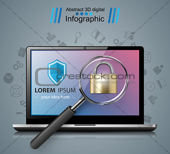 Security notebook illustration. Loupe, lock icon.