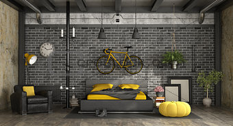 Black and yellow master bedroom in a loft