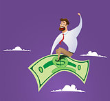Cartoon businessman flies on a banknote