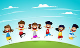 Happy cartoon kids jumping together