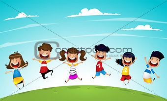 Happy cartoon kids jumping together