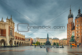 Beautiful postcard view of Krakow's main square in rainy weather