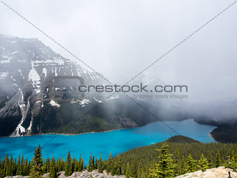 View from Bow Summit of Peyto lake with clouds in Banff National Park