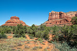 View of Bell Rock and Courthouse Butte from Red Rock Scenic Byway in Sedona, Arizona