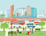 Large city panorama with road traffic and pedestrians