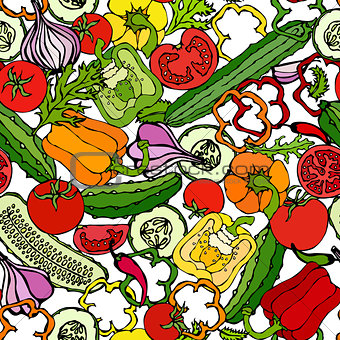 Vegetable Seamless Pattern with Cucumbers, Red Tomatoes, Bell Pepper, Beet, Carrot, Onion, Garlic, Chilli. Fresh Green Salad. Healthy Vegetarian Food. Hand Drawn Illustration. Doodle Style.