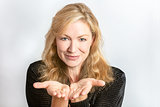 Studio Portrait of Healthy Happy Middle Aged Woman Hands Out