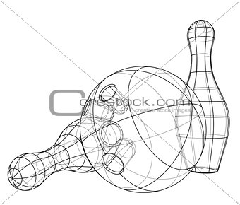 Bowling skittles and ball outline. Vector