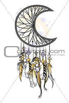 Vector illustration with hand drawn dream catcher. Watercolor brush strokes and stains. Ornate ethnic items, feathers, beads.